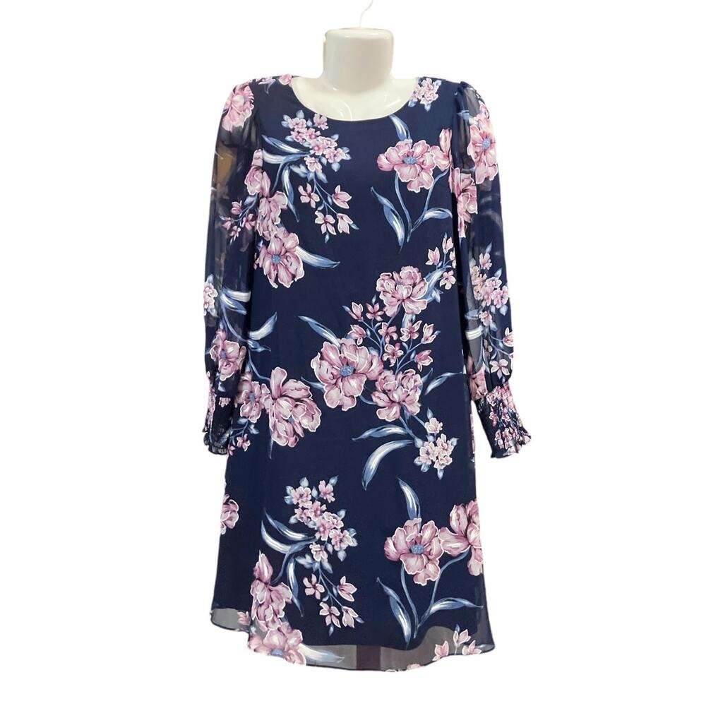 Jessica Howard Women's Navy Floral Print A-Line Smooth Sheer Woven Dress Size 8